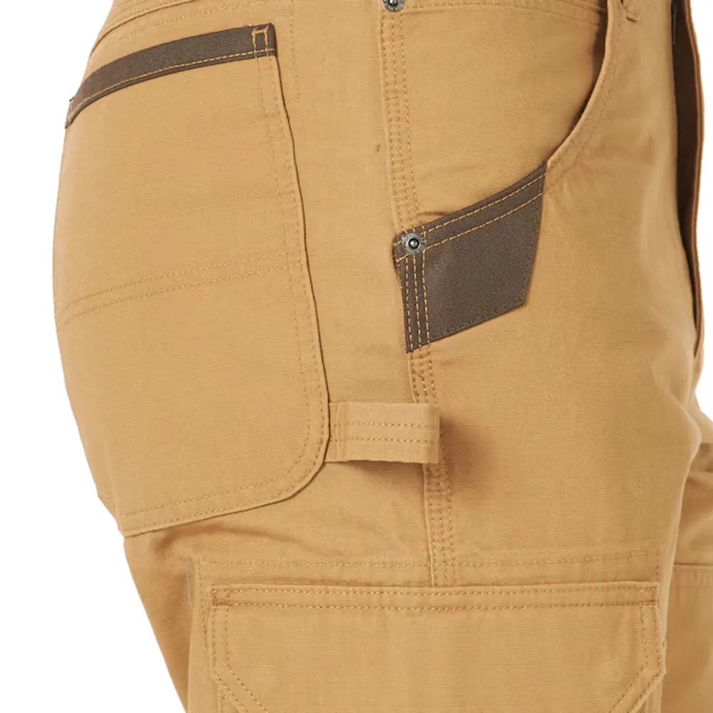 Utility pocket on work trousers showing bartacked stress points and topstitching
